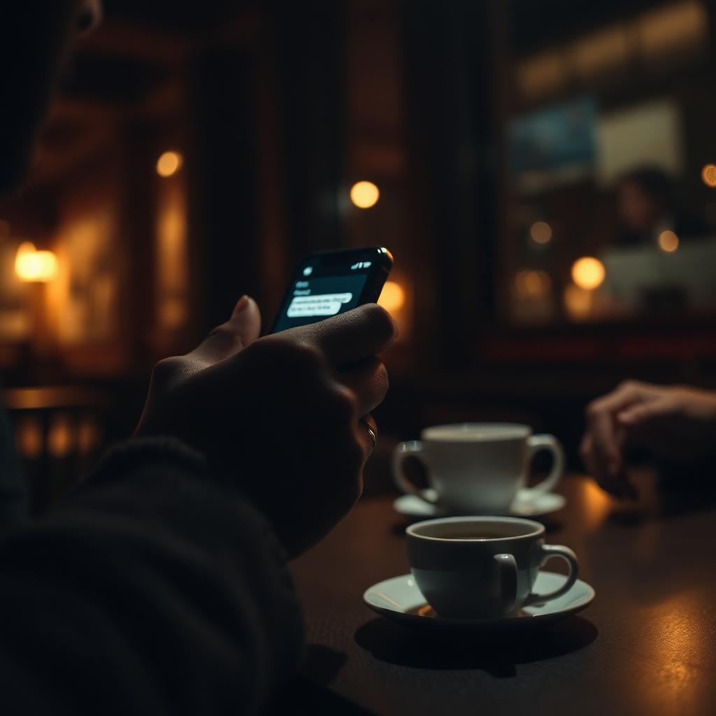 A person at a dim café table at night, glowing phone in hand, their partner's hand barely visible across the table.